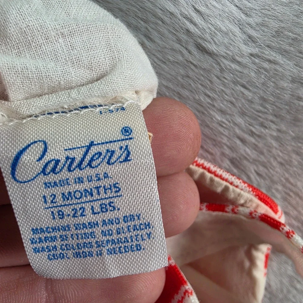 Carter's Romper Unisex‎ 12 Months Red Striped Vintage Bear Applique USA Sunsuit